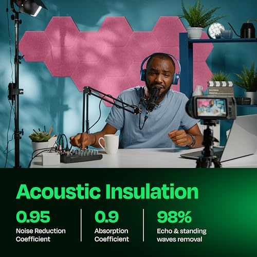 Ekkogo Acoustic Panels 12-Pack Soundproof Wall Panels 12"X10.4"X0.4" Sound Panels High Density Sound Dampening Panels - [Chic Pink Hexagon] - Image 3