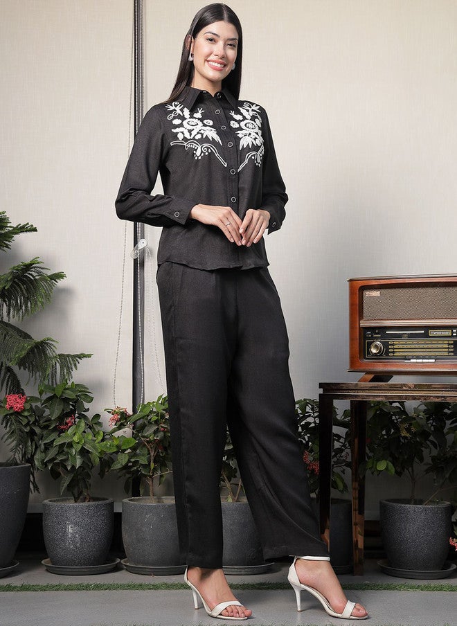 PlusS Black Embroidered Shirt And Trousers Co-Ords For Women - Image 4