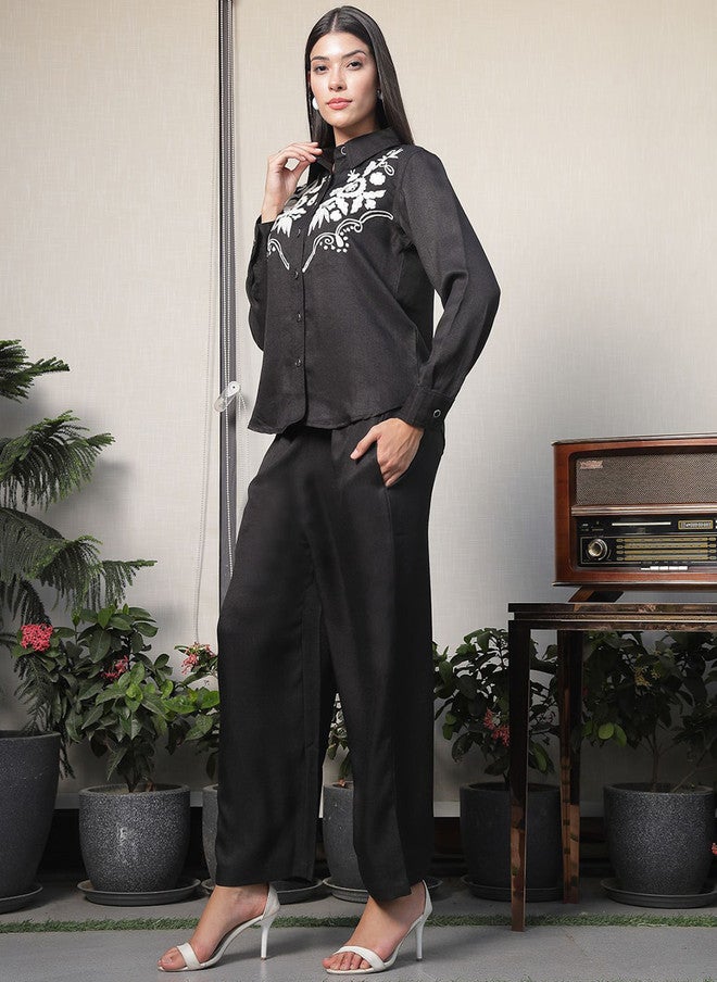 PlusS Black Embroidered Shirt And Trousers Co-Ords For Women - Image 5