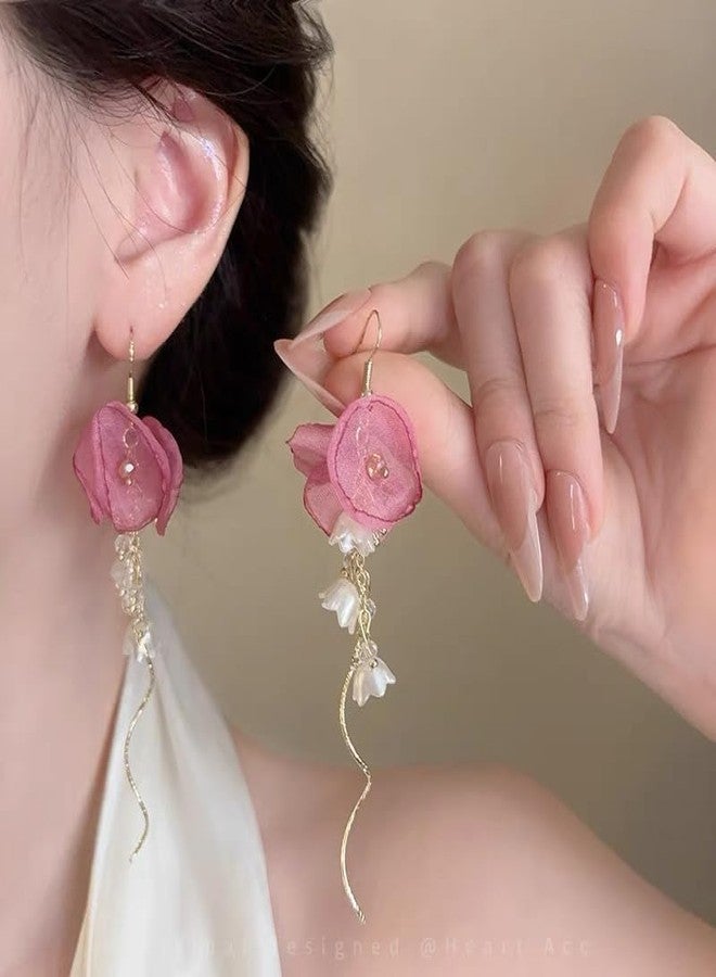 AMAAL Floral Long Earrings for Women & Girls | Stylish Gold Plated Earrings | Elegant Aesthetic Minimal Jewellery for woman | Trendy Flower Design Ear Rings for Women | Gift Earing for Girls -228 - Image 3