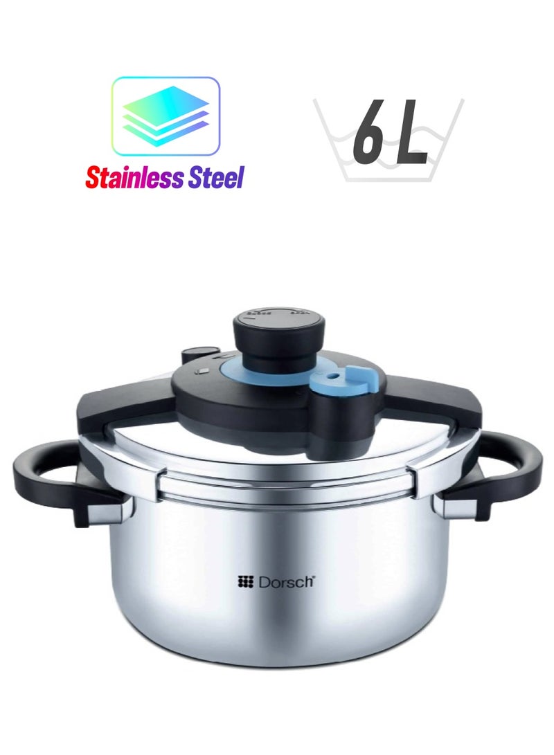 Dorsch Danish Design GoPress 18/10 Stainless Steel Pressure Cooker - Induction Compatible, Dishwasher Safe, Self-Locking Handle, Auto-Pressure Release, Versatile Steamer Basket, Quick Heating, Low & High Pressure Cooking (6 Ltr) - Image 1