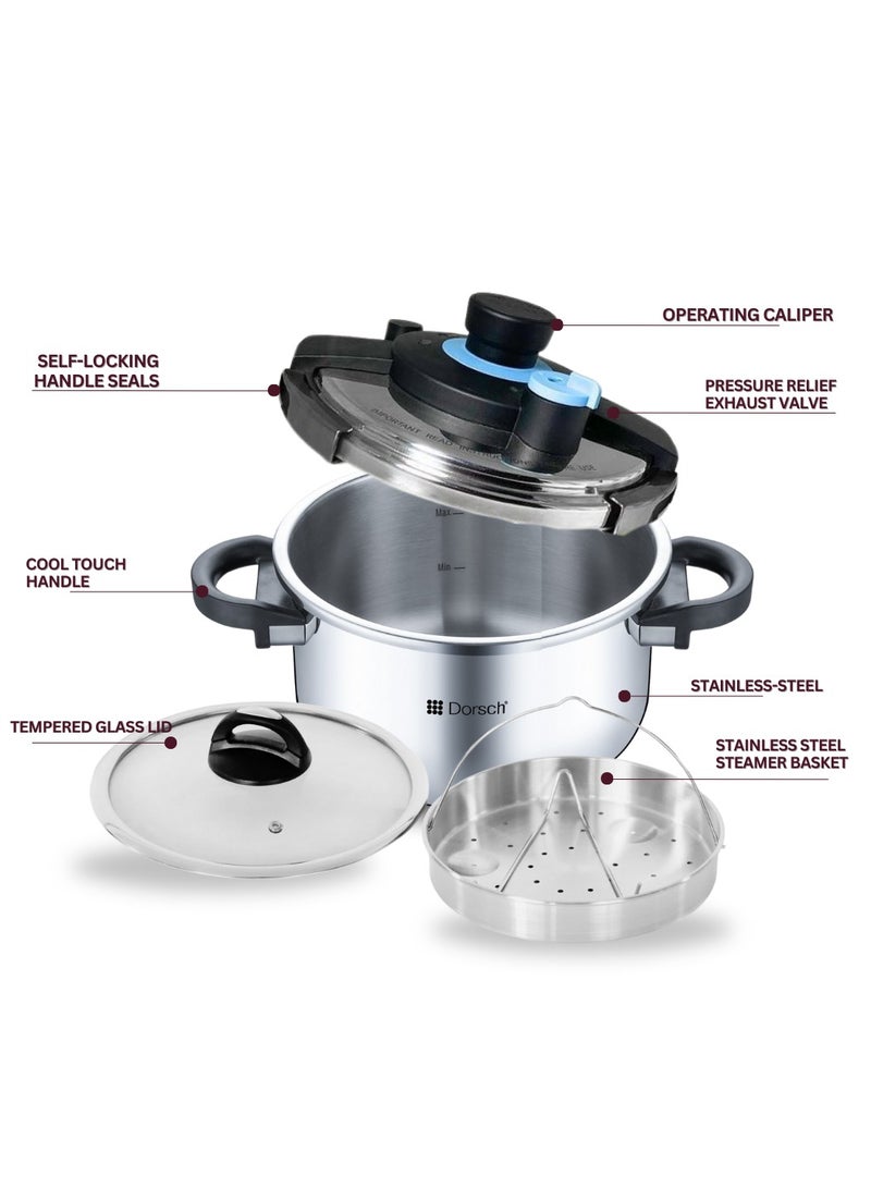 Dorsch Danish Design GoPress 18/10 Stainless Steel Pressure Cooker - Induction Compatible, Dishwasher Safe, Self-Locking Handle, Auto-Pressure Release, Versatile Steamer Basket, Quick Heating, Low & High Pressure Cooking (6 Ltr) - Image 2