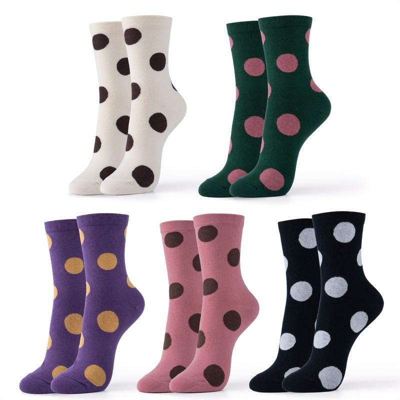 kikiya socks Women Pattern Crew | 5 Pairs Polka Dots Pattern Print White Black Pink Purple Green Color Graphic Daily Mary Jane Boot Trouser Cotton Socks | Womens Ladies Girls Gift | Polka Dots B - Image 1