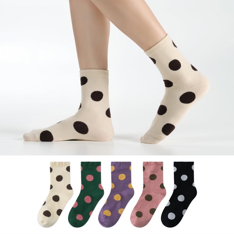 kikiya socks Women Pattern Crew | 5 Pairs Polka Dots Pattern Print White Black Pink Purple Green Color Graphic Daily Mary Jane Boot Trouser Cotton Socks | Womens Ladies Girls Gift | Polka Dots B - Image 2