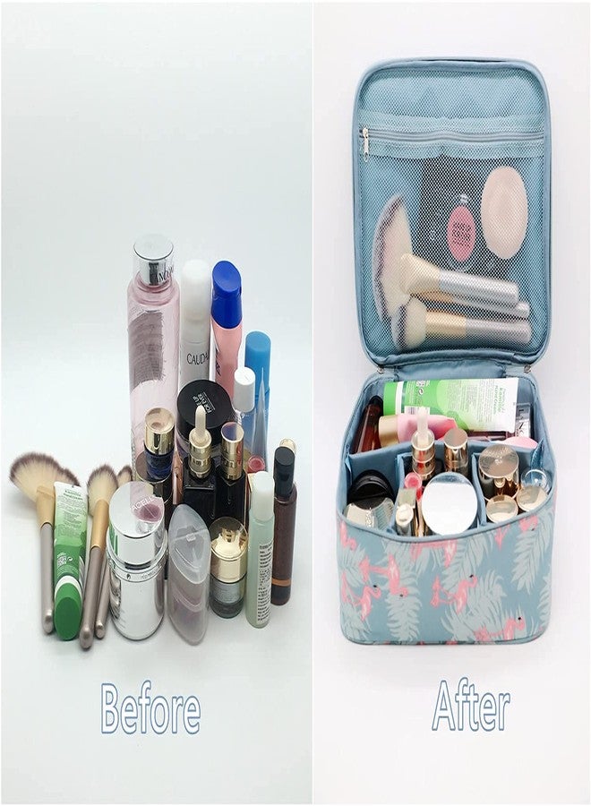 AB SALES Makeup Bag Travel Cosmetic Case High Capacity Portable Organizer Pouch with Mesh Bag Organizer with Dividers Brush Holder for Woman and Girls, Blue Flamingo Design - Image 5