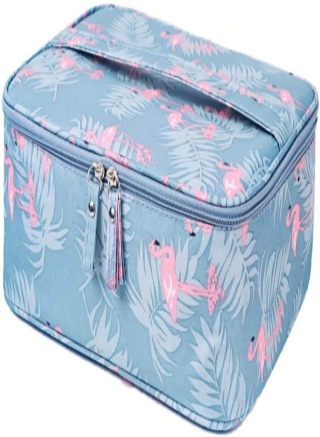 AB SALES Makeup Bag Travel Cosmetic Case High Capacity Portable Organizer Pouch with Mesh Bag Organizer with Dividers Brush Holder for Woman and Girls, Blue Flamingo Design - Image 1