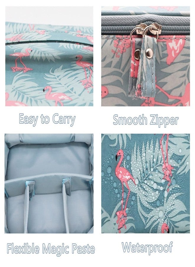 AB SALES Makeup Bag Travel Cosmetic Case High Capacity Portable Organizer Pouch with Mesh Bag Organizer with Dividers Brush Holder for Woman and Girls, Blue Flamingo Design - Image 3