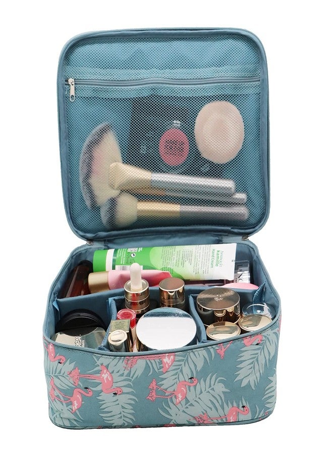 AB SALES Makeup Bag Travel Cosmetic Case High Capacity Portable Organizer Pouch with Mesh Bag Organizer with Dividers Brush Holder for Woman and Girls, Blue Flamingo Design - Image 2