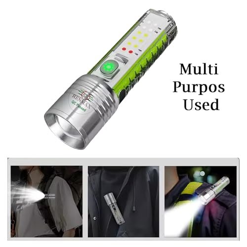 RENMAX Multifunction Bright LED Torch Flashlight Rechargeable Multicolor Red Blue Green White Lighting Modes Zoom Focus Waterproof Metal - 1Pc - Image 3