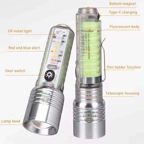 RENMAX Multifunction Bright LED Torch Flashlight Rechargeable Multicolor Red Blue Green White Lighting Modes Zoom Focus Waterproof Metal - 1Pc - Image 2