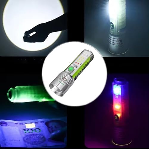 RENMAX Multifunction Bright LED Torch Flashlight Rechargeable Multicolor Red Blue Green White Lighting Modes Zoom Focus Waterproof Metal - 1Pc - Image 5