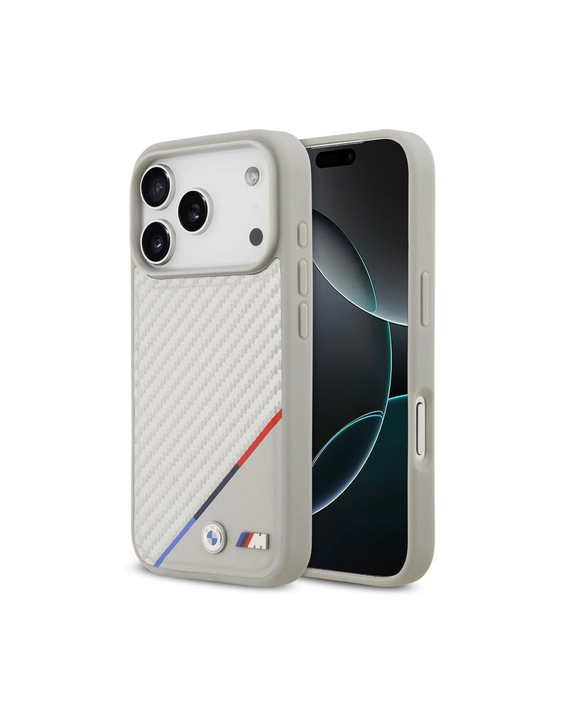 CG MOBILE BMW [Official Licensed] Protective Case Designed for iPhone 17 Pro |Mag-Safe Compatible|M Collection|Pu Leather Case Carbon & Tricolor Stripe with Metal Logos -Silver - Image 1