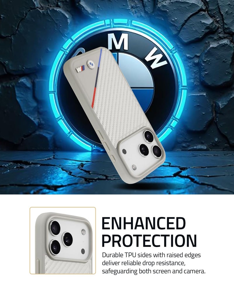CG MOBILE BMW [Official Licensed] Protective Case Designed for iPhone 17 Pro |Mag-Safe Compatible|M Collection|Pu Leather Case Carbon & Tricolor Stripe with Metal Logos -Silver - Image 5