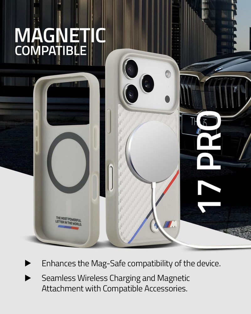 CG MOBILE BMW [Official Licensed] Protective Case Designed for iPhone 17 Pro |Mag-Safe Compatible|M Collection|Pu Leather Case Carbon & Tricolor Stripe with Metal Logos -Silver - Image 3