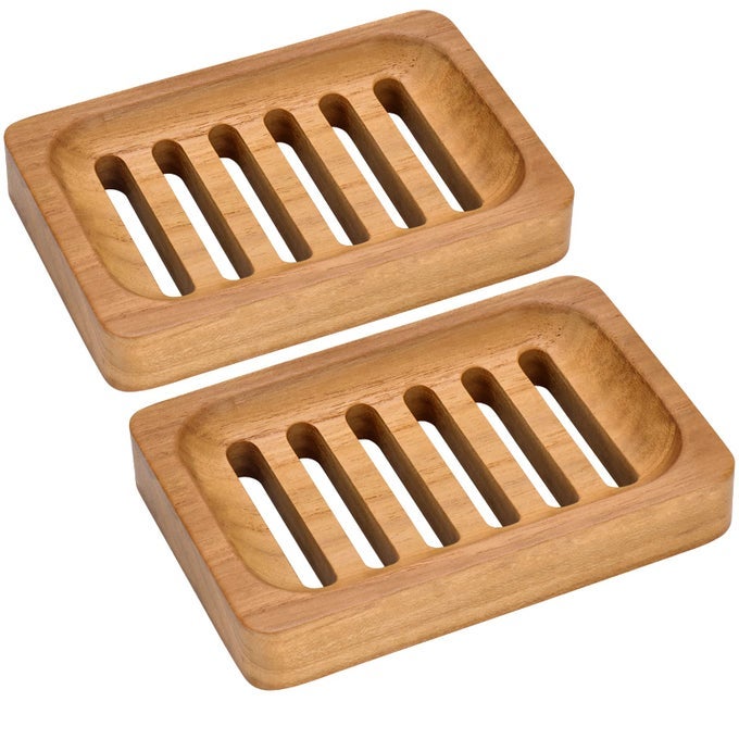 TEAK WOOD SOAP DISH 2 PACK WATERPROOF SELF DRAINING SOAP DISH NATURAL WOODEN BAR SOAP HOLDER FOR BATHROOM AND KITCHEN