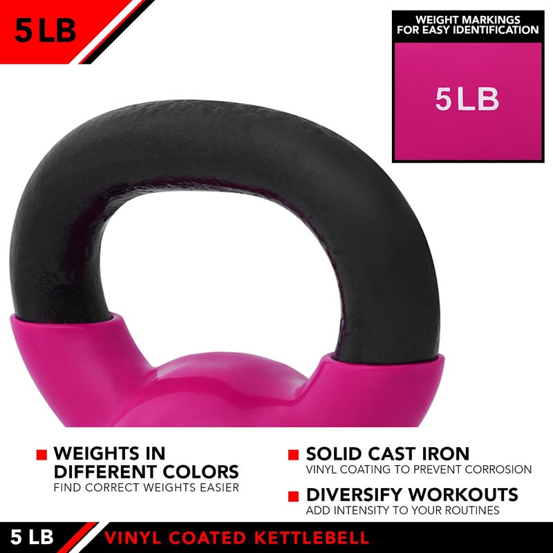 JFIT Vinyl-Coated Cast Iron Kettlebell Weight â€“ Flat Bottom Kettlebell for Strength Training, Cross Training & Home Gym Workouts, 5LB-Hot Pink - Image 4