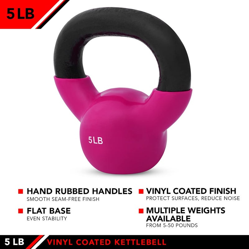 JFIT Vinyl-Coated Cast Iron Kettlebell Weight â€“ Flat Bottom Kettlebell for Strength Training, Cross Training & Home Gym Workouts, 5LB-Hot Pink - Image 3