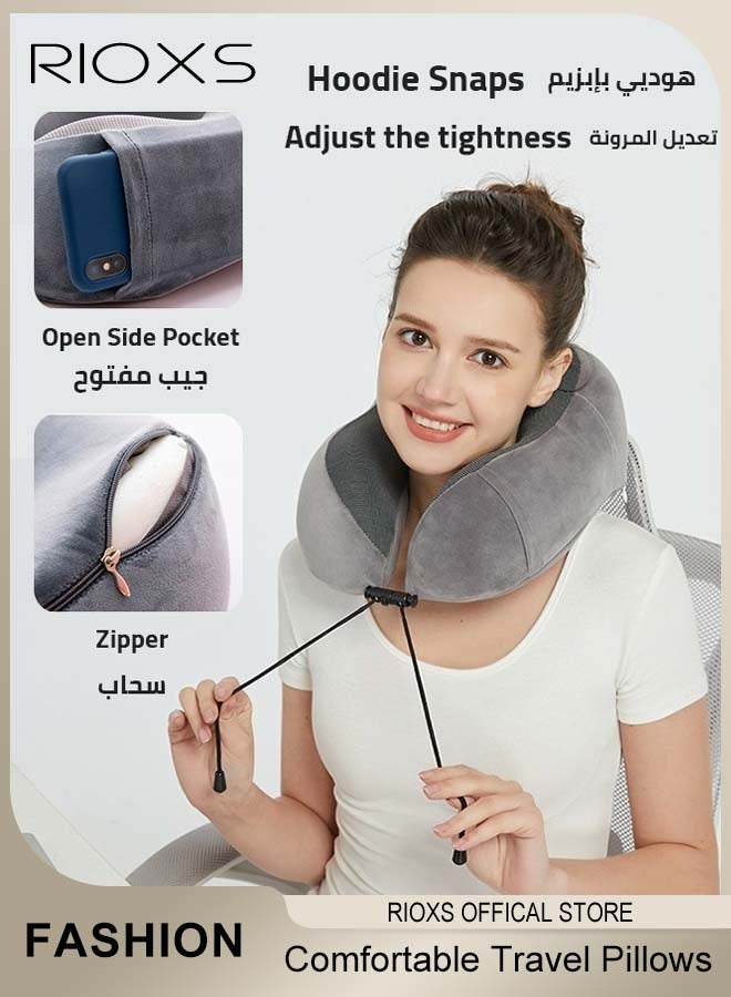 RIOXS Travel Pillows, Memory Foam Neck Pillow With Comfortable Breathable Cover, Neck Pillow For Airplane, Head Support Pillow With Eye Masks And Earplugs, Lightweight Sleeping Rest Pillows For Travel/ Car/ Train And Office Use - Image 1