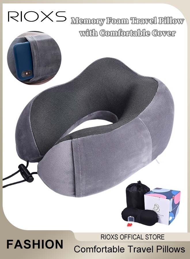 RIOXS Travel Pillows, Memory Foam Neck Pillow With Comfortable Breathable Cover, Neck Pillow For Airplane, Head Support Pillow With Eye Masks And Earplugs, Lightweight Sleeping Rest Pillows For Travel/ Car/ Train And Office Use - Image 2