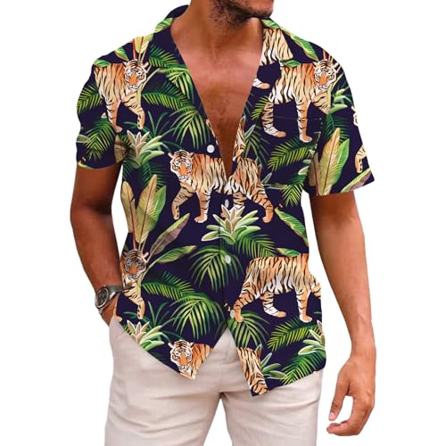 KYKU Tiger Button Down Shirt Men Cute Summer Shirts with Pockets, Green Palm Leaves, L - Image 1