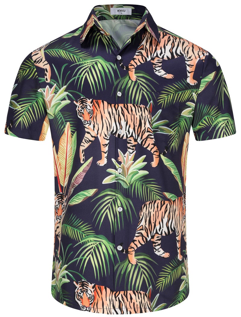 KYKU Tiger Button Down Shirt Men Cute Summer Shirts with Pockets, Green Palm Leaves, L - Image 3