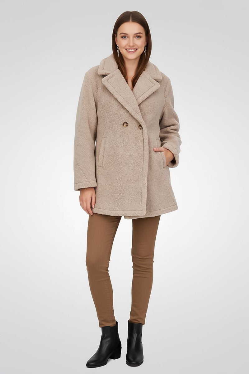 Sam Edelman Women Wide Lapel Fleece Trench Coat, Beige - Image 2