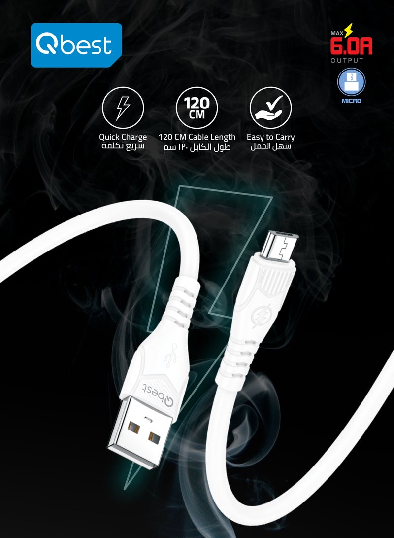 Qbest 6.0A Fast Charging USB to Micro Cable 1.2M – High-Speed Data Transfer, Durable Design for Android Devices - White - Image 5