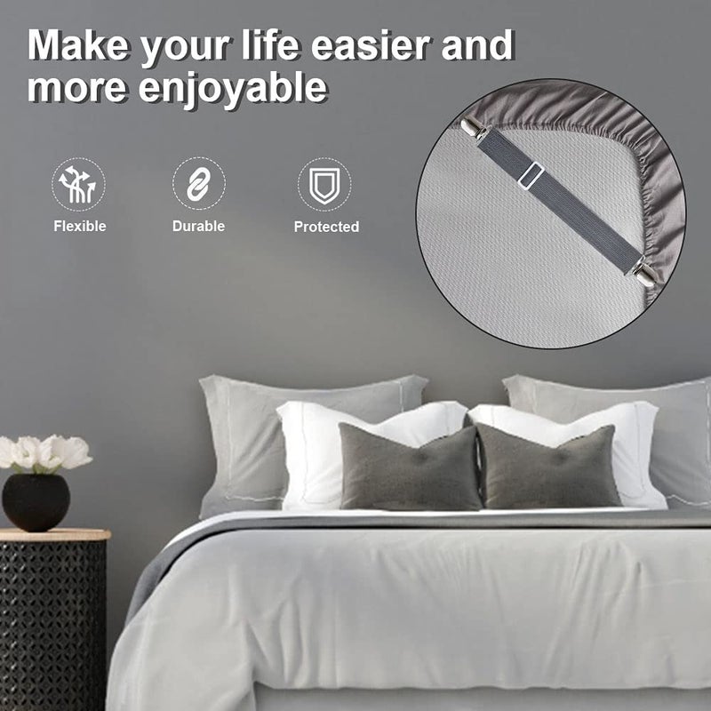 Sopito Sheet Fasteners, Sopito 4pcs Adjustable Elastic Straps to Keep Sheets in Place Heavy Duty Non Slip Bed Cover Grippers Clips for Crib to King Size Bed, Gray - Image 2