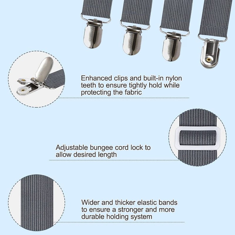 Sopito Sheet Fasteners, Sopito 4pcs Adjustable Elastic Straps to Keep Sheets in Place Heavy Duty Non Slip Bed Cover Grippers Clips for Crib to King Size Bed, Gray - Image 5