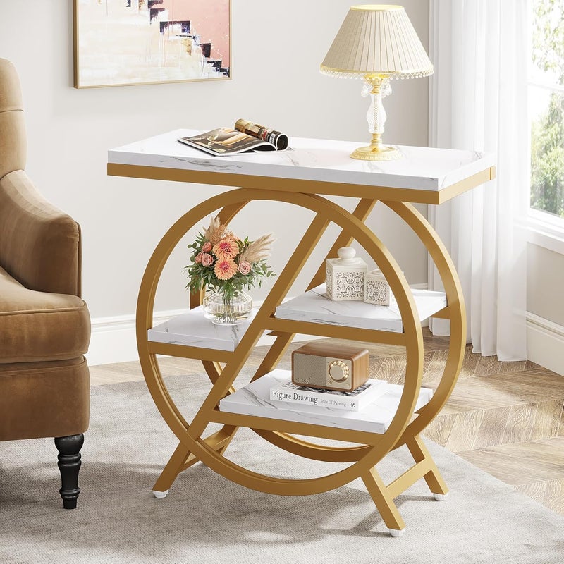 Tribesigns End Table for Living Room, 3-Tier Faux Marble Side Table with Storage, Wood Narrow Sofa Side Table with Geometric Metal Frame, Modern Nightstand and Bedside Table for Bedroom, Gold & White - Image 1