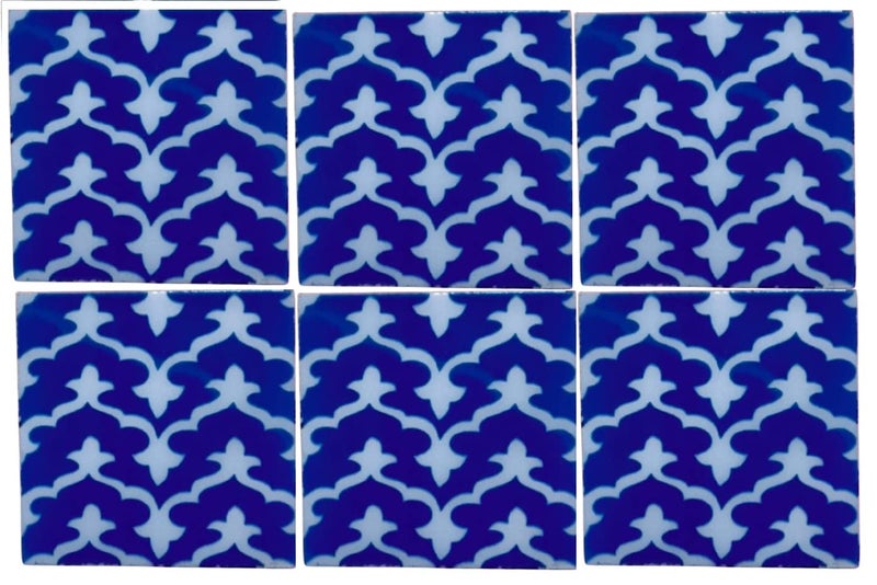 Craft Park Blue Pottery Ceramic Geometrics Design Handmade Tiles Blue Pack of 6