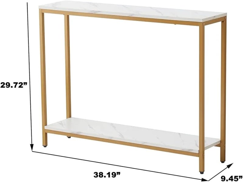 Console Table with Gold Frame and White Faux Marble Top, 2 Tiers 38.19 x 9.45 x 29.72 Inches, Gold Metal Chassis, Bottom Storage Shelf, MDF Resistant, Fashion Stylish Design