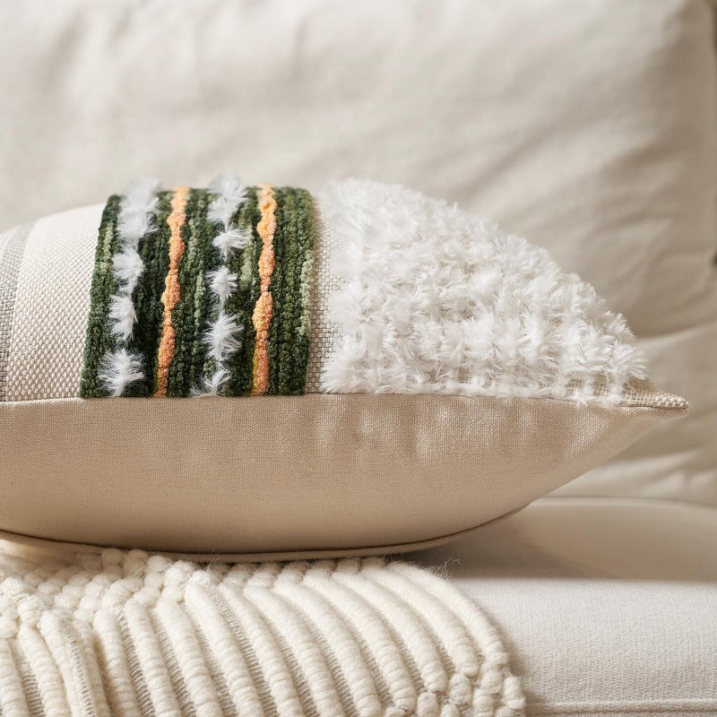 Aeckself Boho Chenille Tufted Throw Pillow Covers 18x18 Inch Set of 2, Farmhouse Decorative Striped Square Pillow Covers Accent Neutral Pillowcase for Living Room Couch Bed, Green - Image 3