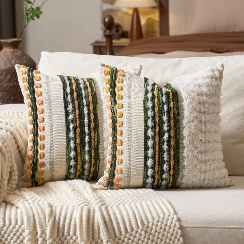 Aeckself Boho Chenille Tufted Throw Pillow Covers 18x18 Inch Set of 2, Farmhouse Decorative Striped Square Pillow Covers Accent Neutral Pillowcase for Living Room Couch Bed, Green - Image 1