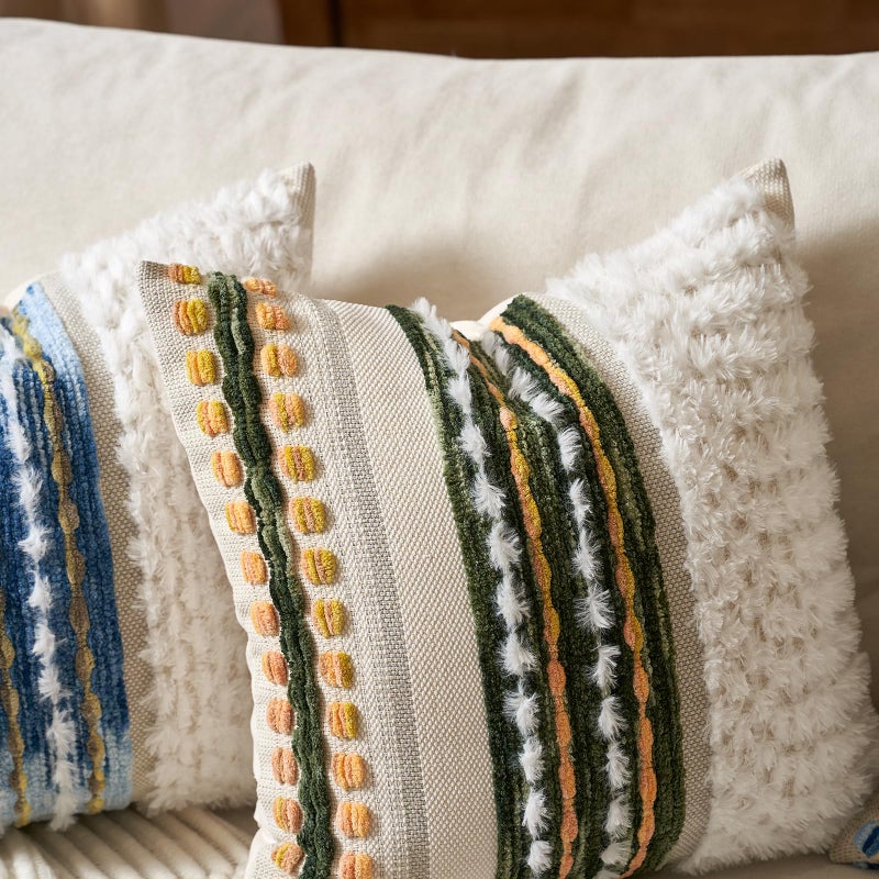 Aeckself Boho Chenille Tufted Throw Pillow Covers 18x18 Inch Set of 2, Farmhouse Decorative Striped Square Pillow Covers Accent Neutral Pillowcase for Living Room Couch Bed, Green - Image 5