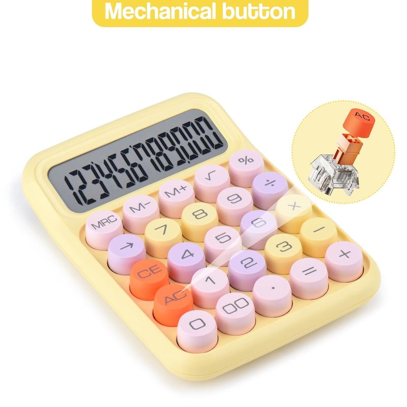 Holotioee Mechanical Pushbutton Calculator,12 Digit Large LCD Display,Big Buttons Easy to Press,Colorful Candy Calculator,Automatic Sleep,with Battery.for Office,School, Home. (Yellow) - Image 2