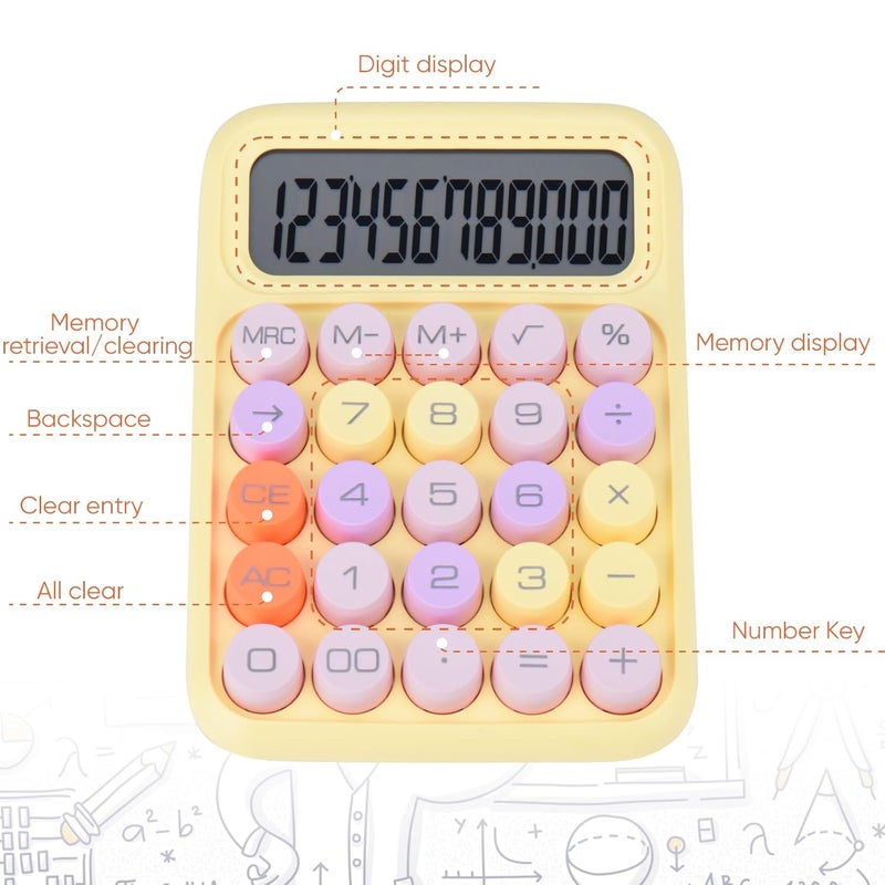 Holotioee Mechanical Pushbutton Calculator,12 Digit Large LCD Display,Big Buttons Easy to Press,Colorful Candy Calculator,Automatic Sleep,with Battery.for Office,School, Home. (Yellow) - Image 5