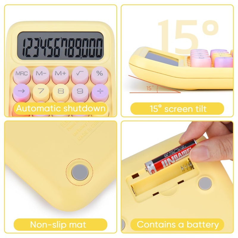 Holotioee Mechanical Pushbutton Calculator,12 Digit Large LCD Display,Big Buttons Easy to Press,Colorful Candy Calculator,Automatic Sleep,with Battery.for Office,School, Home. (Yellow) - Image 4