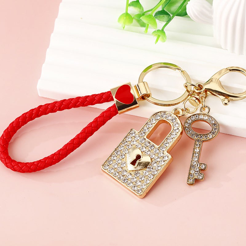 Heart Lock Diamond Couple Keychain Red rope + concentric lock gold