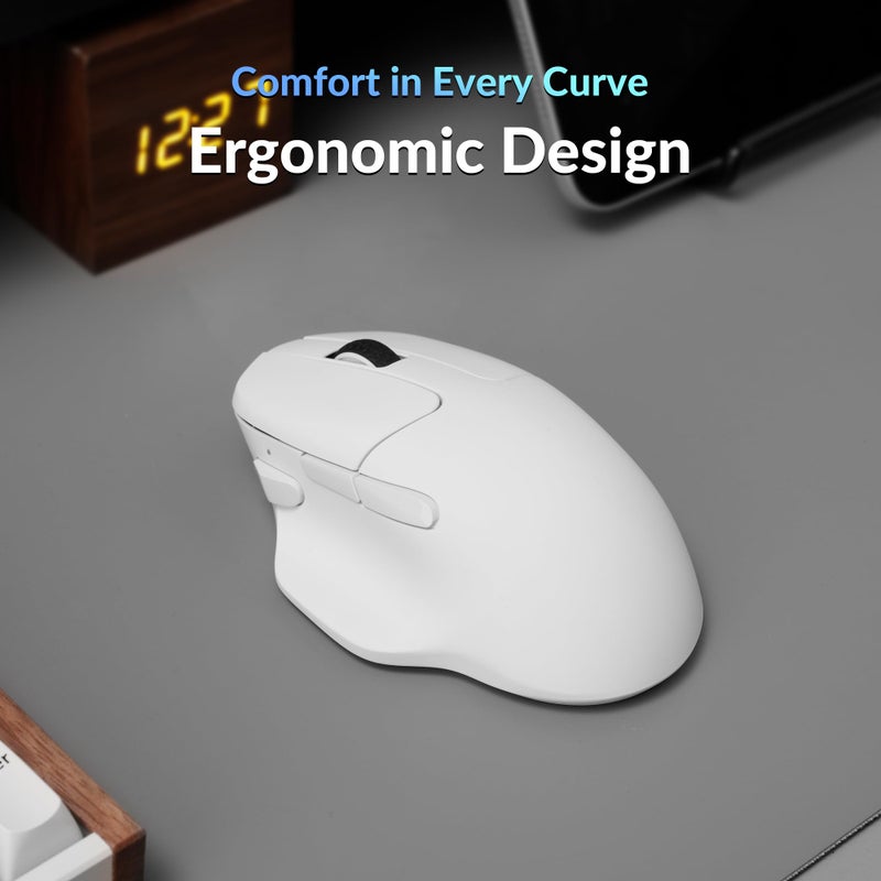 Keychron ماوس كمبيوتر لاسلكي Keychron M7، ماوس بصري بدقة 26K DPI، 2.4 GHz/Bluetooth/سلكي مع زر ماكرو 63 جرام خفيف الوزن وتصميم مريح، يصل إلى 70 ساعة من وقت العمل للابتوب macOS/Windows - أبيض - Image 5