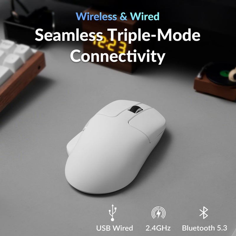 Keychron ماوس كمبيوتر لاسلكي Keychron M7، ماوس بصري بدقة 26K DPI، 2.4 GHz/Bluetooth/سلكي مع زر ماكرو 63 جرام خفيف الوزن وتصميم مريح، يصل إلى 70 ساعة من وقت العمل للابتوب macOS/Windows - أبيض - Image 4