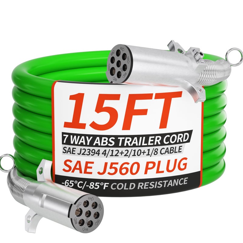 PlugSaf 7 Way Trailer Cord 15 FT ABS Heavey Duty Flexible 85F Cold Resistance Straight Electrical Power Cable Green for Semi Trailers Trucks Tractors 41221018 Gauge Wire Cable