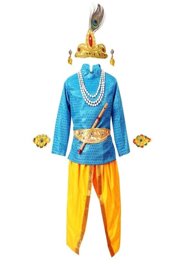 DESI ANDAAZ Krishna Dhoti Top Yellow Set with Complete Accessories (Material:Lycra &Satin) Fancy Dress Costume for Kids (Pack of 6-Dhoti,Top,Mukut,Necklace,Bajuband,Basuri) - Image 3