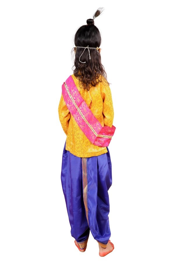 DESI ANDAAZ Krishna Dhoti Top Yellow Set with Complete Accessories (Material:Lycra &Satin) Fancy Dress Costume for Kids (Pack of 6-Dhoti,Top,Mukut,Necklace,Bajuband,Basuri) - Image 5