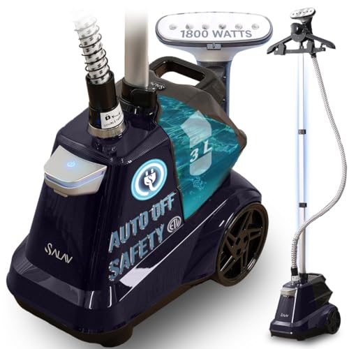 SALAV® Heavy Duty Smart Auto Shut-off Commercial Full-Size Garment Steamer, Beeping Alert when Water Runs out, Foot Pedal Control, XL 3L (101.5 oz) Tank, 1800 watts, 90+min of Continuous Steam, Navy - Image 1