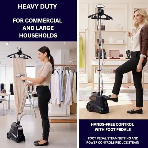 SALAV® Heavy Duty Smart Auto Shut-off Commercial Full-Size Garment Steamer, Beeping Alert when Water Runs out, Foot Pedal Control, XL 3L (101.5 oz) Tank, 1800 watts, 90+min of Continuous Steam, Navy - Image 4