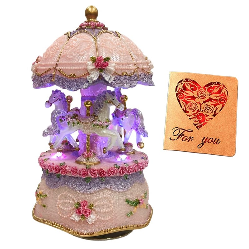 Briskfeel Classical Carousel Horse Music Box LED lights Twinkling Resin Carved Collectible Mechanical Musical Box with 18-Note (3# Pink Carousel) - Image 1