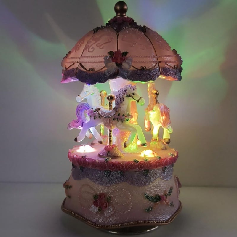 Briskfeel Classical Carousel Horse Music Box LED lights Twinkling Resin Carved Collectible Mechanical Musical Box with 18-Note (3# Pink Carousel) - Image 2