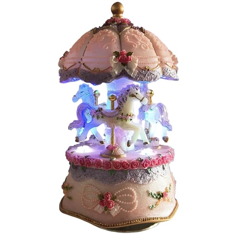 Briskfeel Classical Carousel Horse Music Box LED lights Twinkling Resin Carved Collectible Mechanical Musical Box with 18-Note (3# Pink Carousel) - Image 3