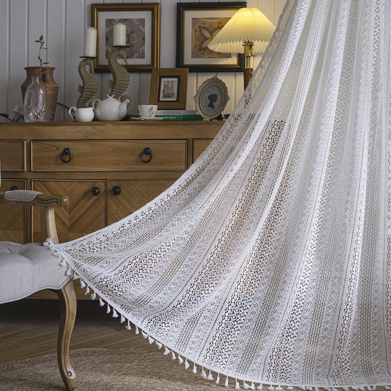 WAZZIO Off White Lace Curtains 72 Inches Long 2 Panel,Rod Pocket Victorian Privacy Sheer Curtain Tassel Bohemian Cotton Crochet Boho Short Curtains for Bedroom Living Room Kitchen - Image 3